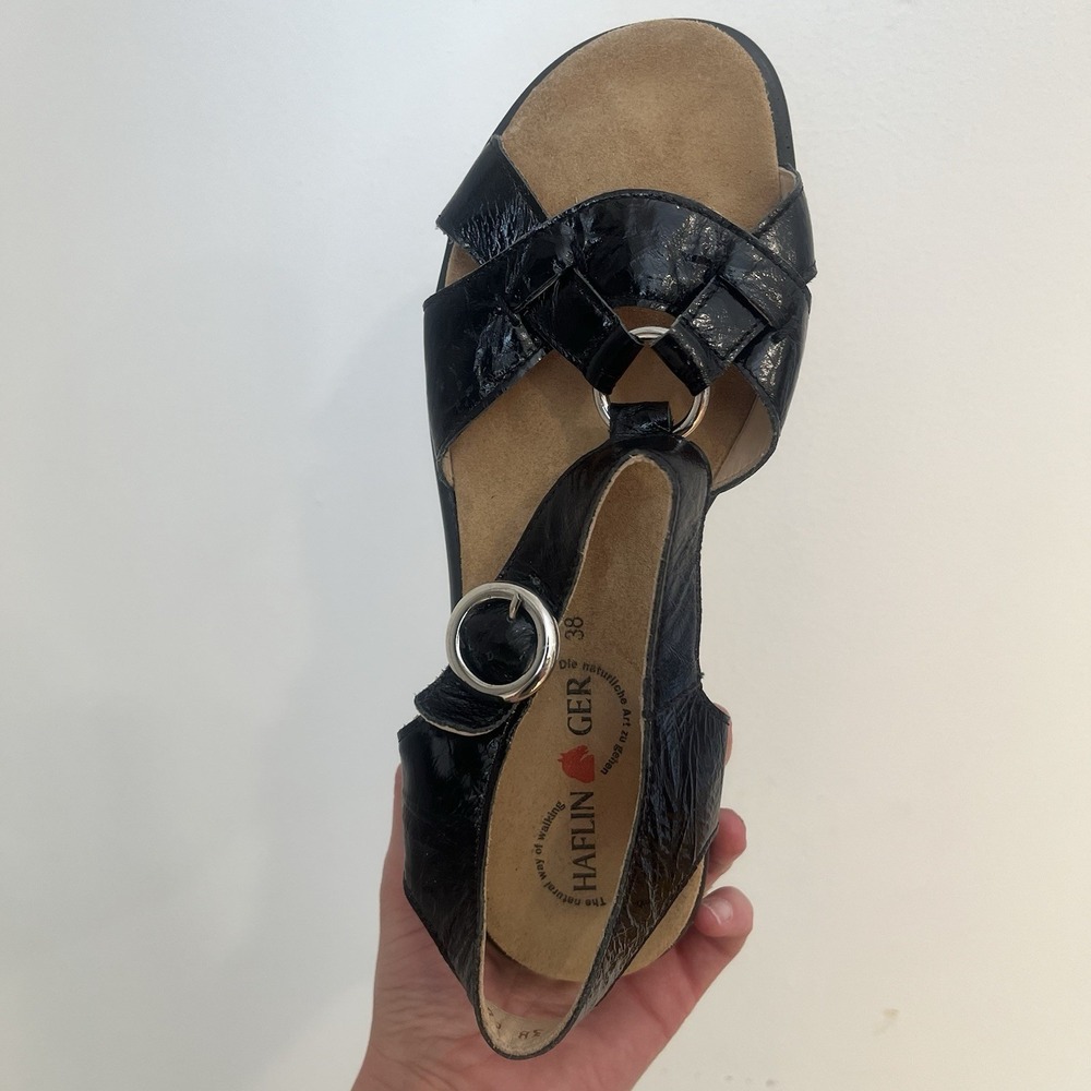 Haflinger Sandals 38 Black Leather T Strap Comfort Slingback Shoe Sandals Travel